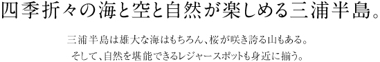 四季折々の海と空と自然が楽しめる三浦半島。三浦半島は雄大な海はもちろん、桜が咲き誇る山もある。 そして、自然を堪能できるレジャースポットも身近に揃う。