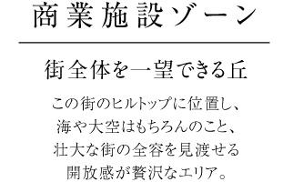 商業施設ゾーン　街全体を一望できる丘　この街のヒルトップに位置し、海や大空はもちろんのこと、壮大な街の全容を見渡せる開放感が贅沢なエリア。